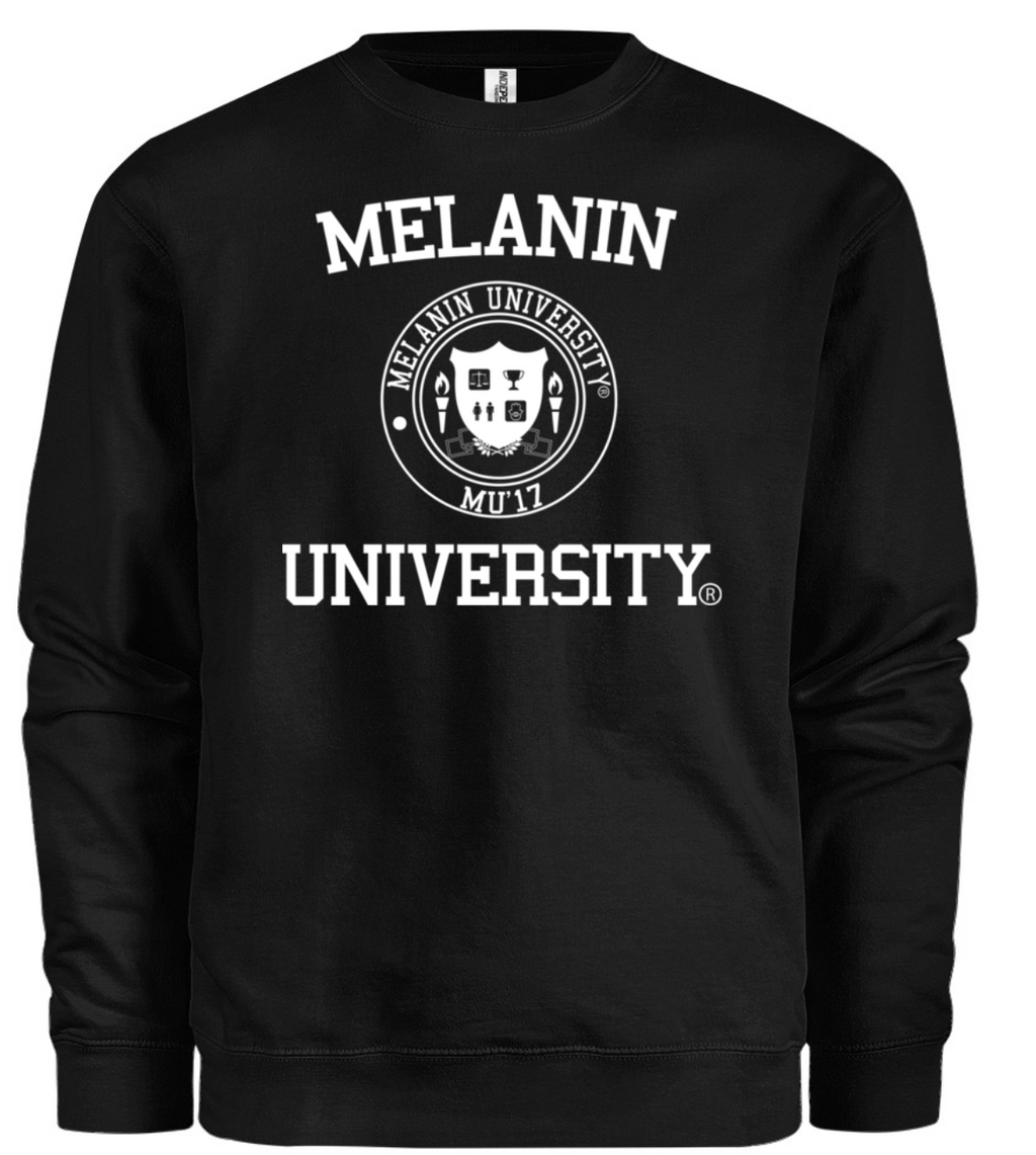 Black sweatshirt with 'Melanin University' text and logo on a white background
