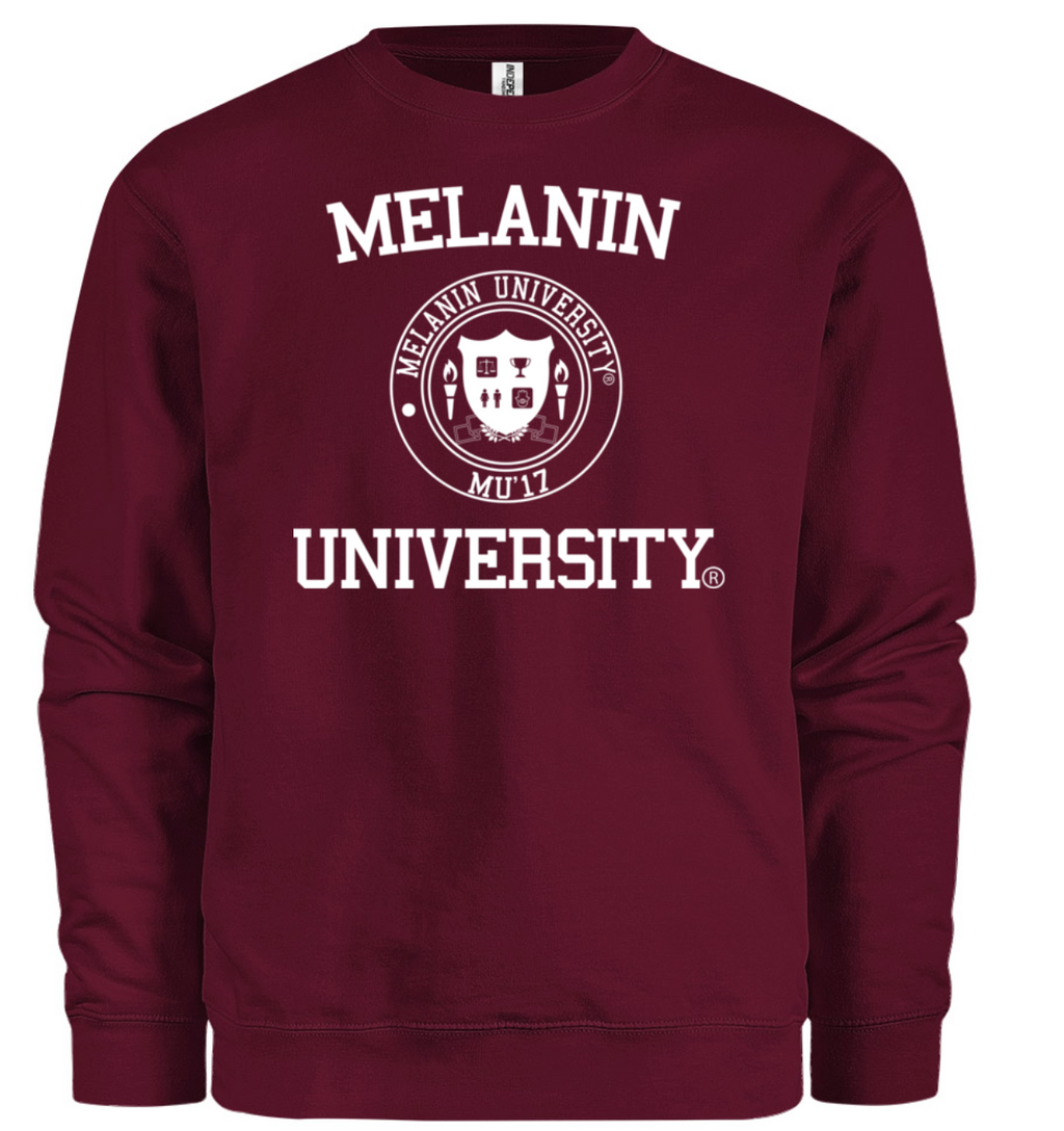 Maroon sweatshirt with 'Melanin University' text and logo on a white background